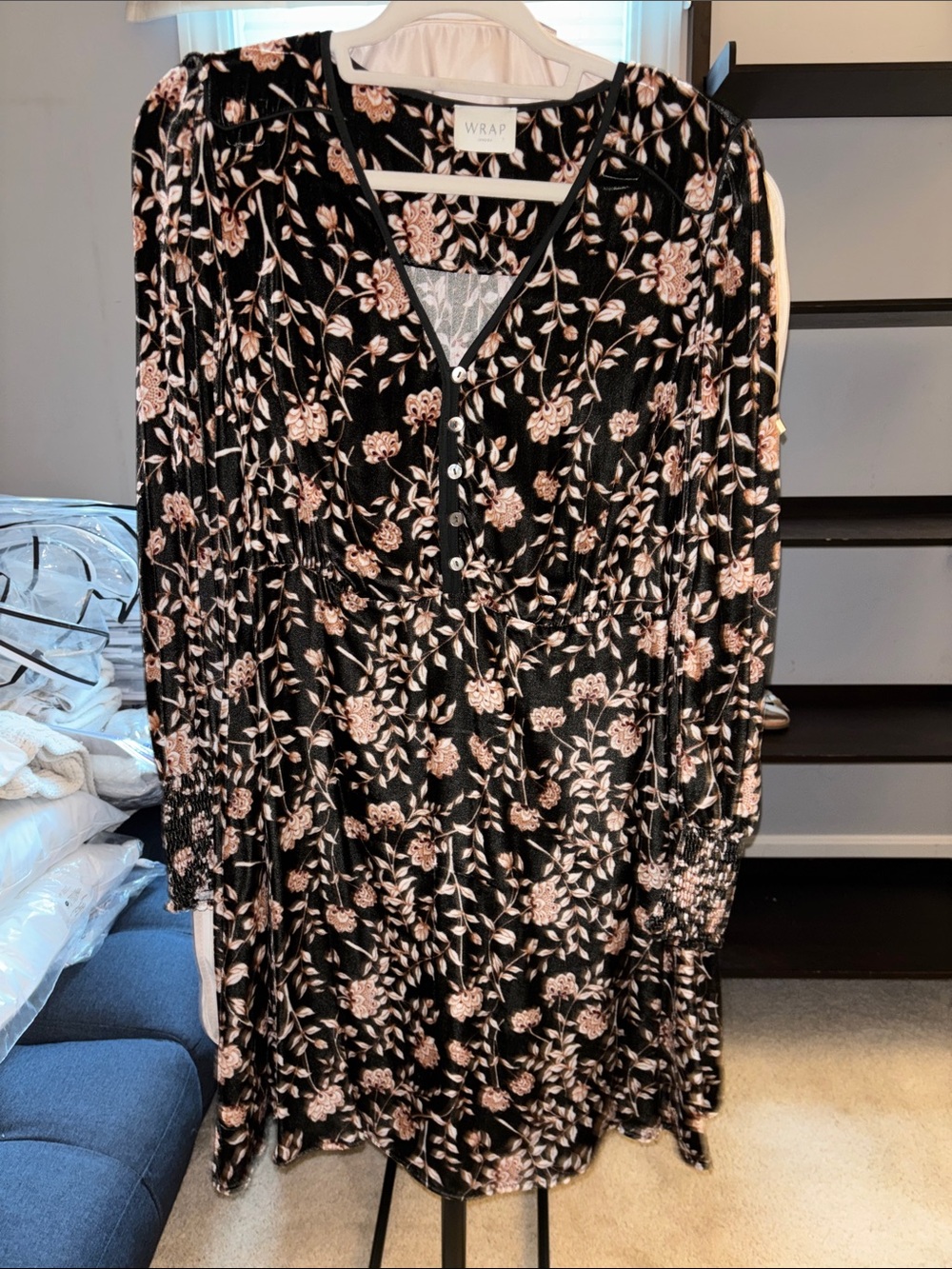 Wrap London Black Midi Dress with Blush Floral Print